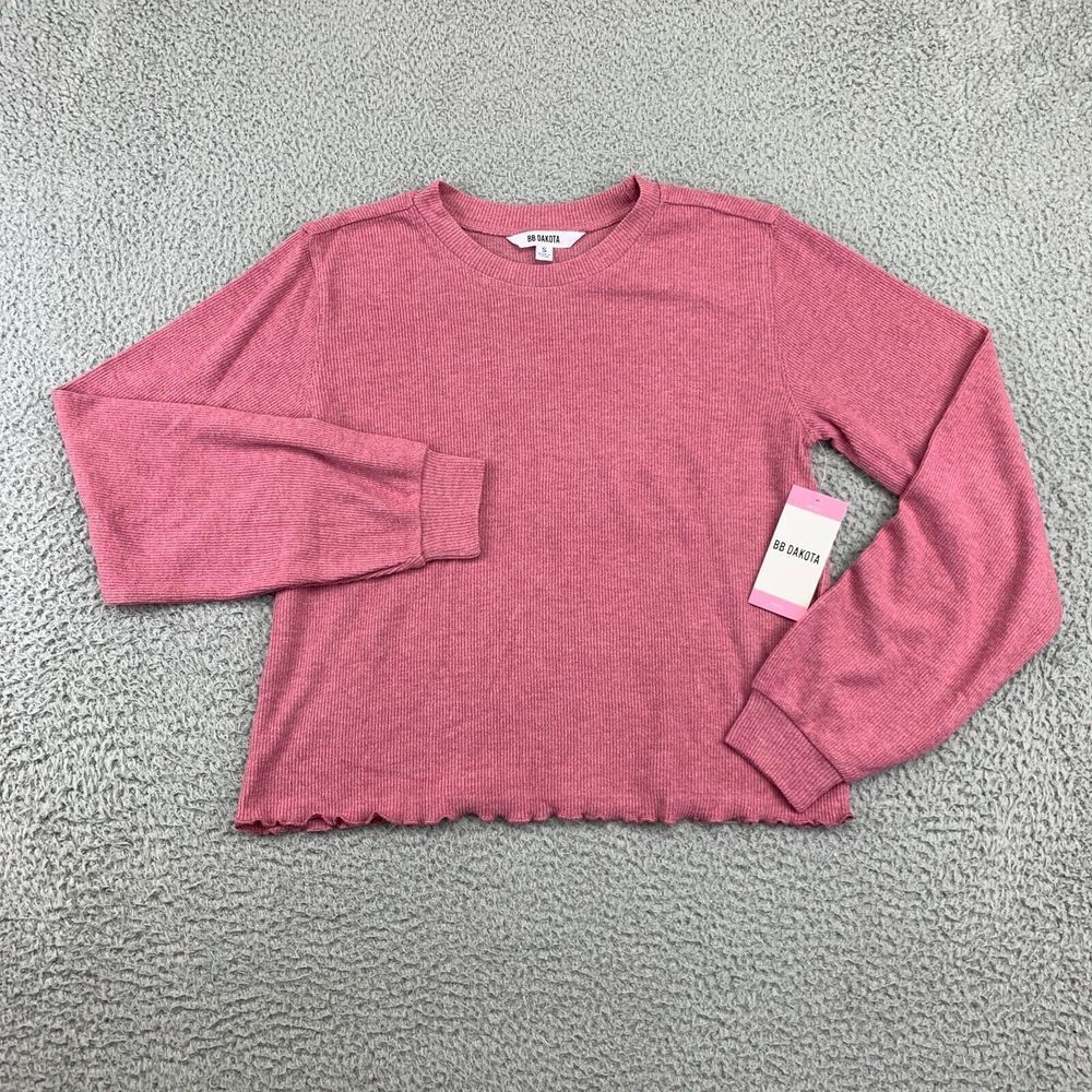 BB Dakota Shirt Women's Small Pink Cropped Waffle Long Sleeve Ruffled Hem NWT